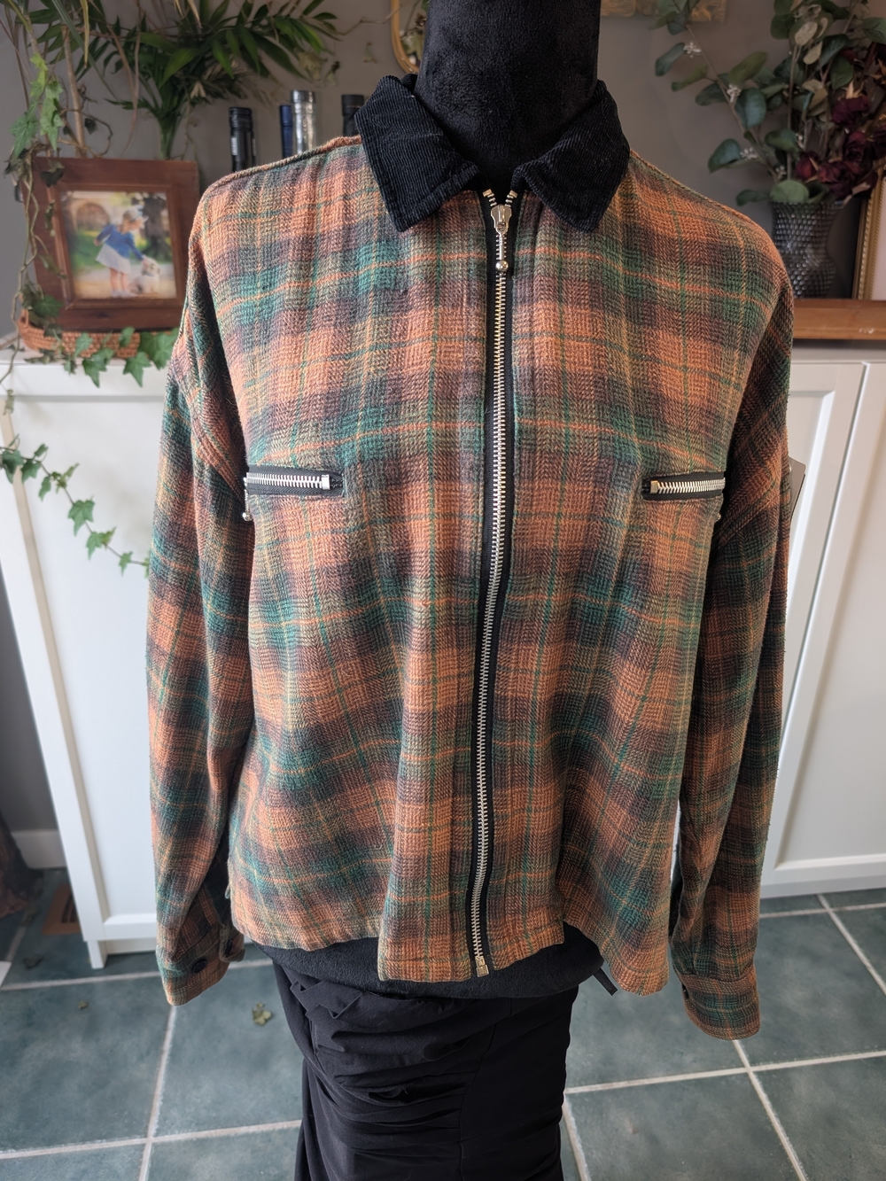 Women's Cotton Plaid Zip Up Sweater Jacket in Brown & Green